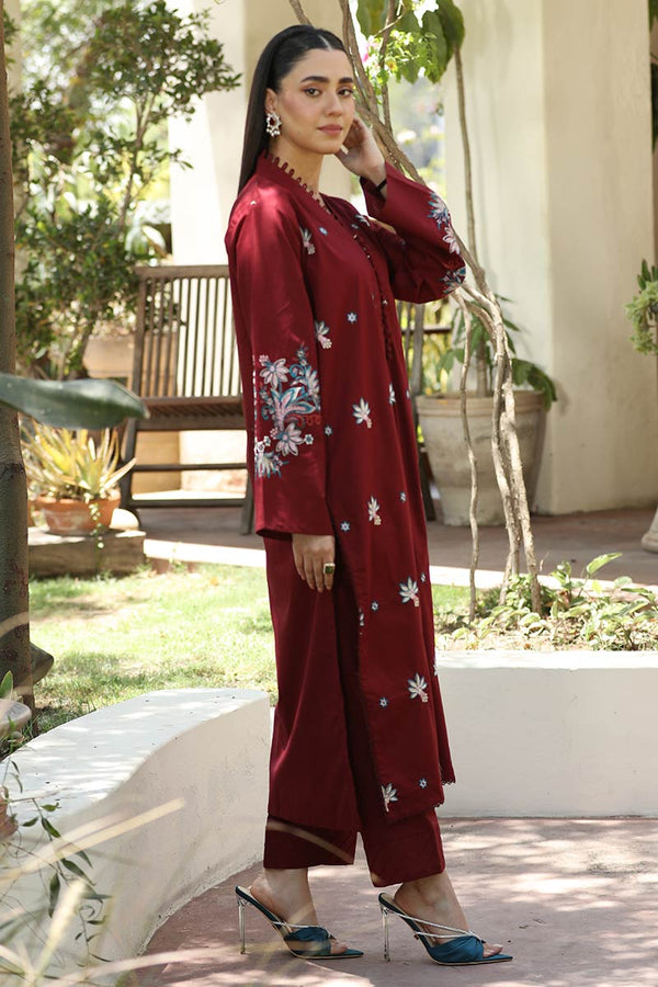 2 Piece - Embroidered Burgundy Lawn Suit