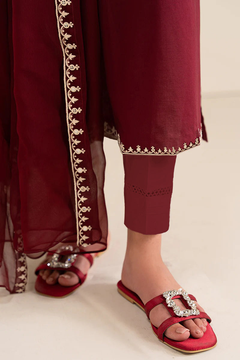 3 Piece - Embroidered Maroon Lawn Suit-1